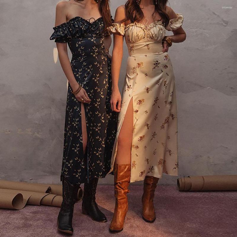 Casual Dresses Y2K Printed Summer Floral Off Shoulder Puff Sleeve Maxi Dress Elegant Vintage Woman Lace Up Summer Beach Sleeveless Girls Long Women