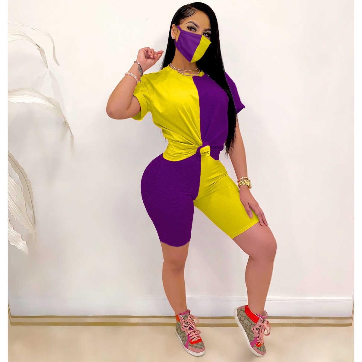 Designer women's spring and summer short sleeve shorts patchwork suit color contrast tight casual suit with mask