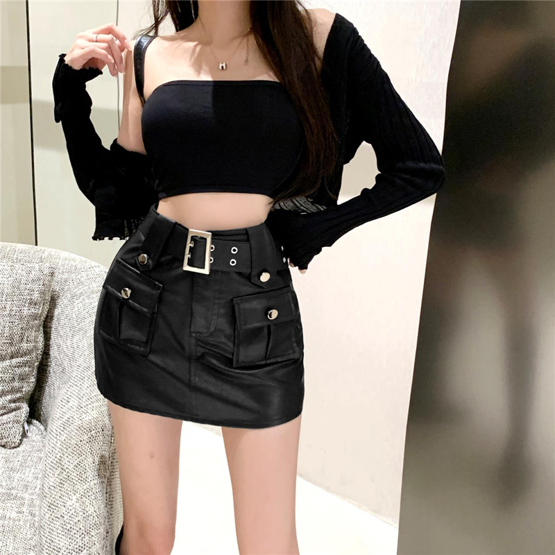 Womens with belt high waist sexy hot girls bodycon tunic PU leather short skirts SML