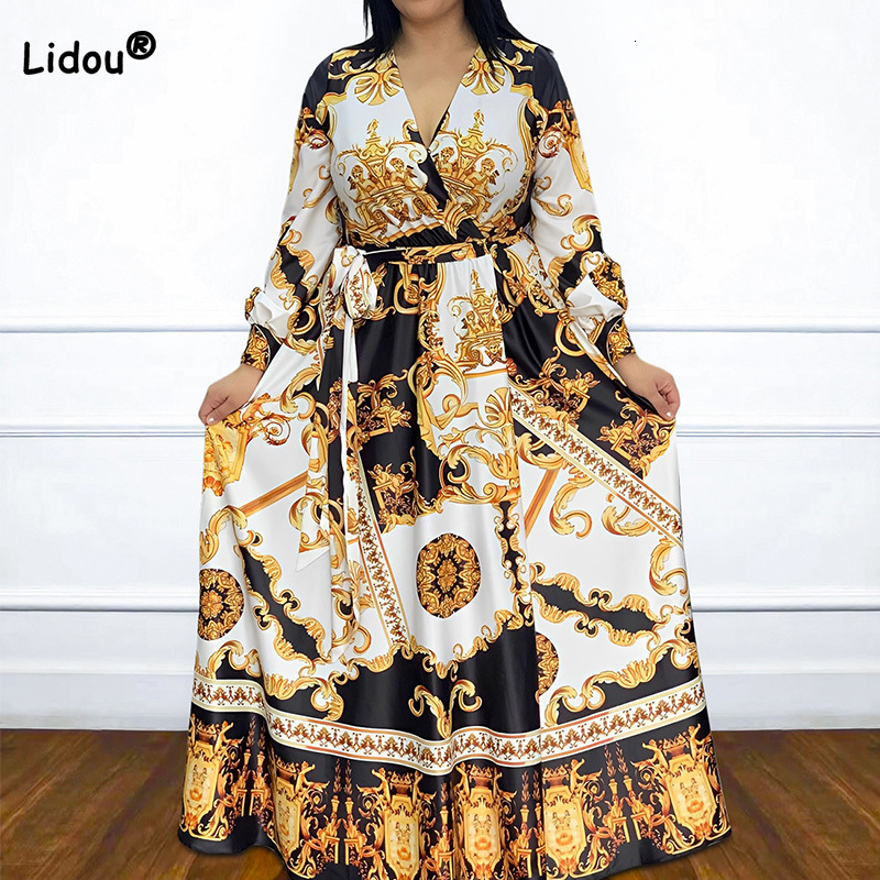 Plus size Dresses Autumn Female Clothing Personality Street VNeck Diamond Print Long Sleeve Loose Bandage Pullover Size FloorLength 230330