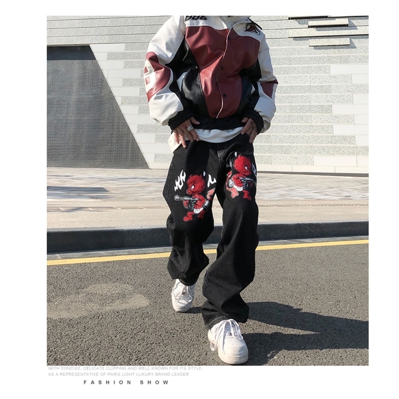 Men's Jeans Devil Printed High Street Vintage Y2K Clothes Black Baggy Straight Trousers Streetwear Wide Leg Pants Men 230330