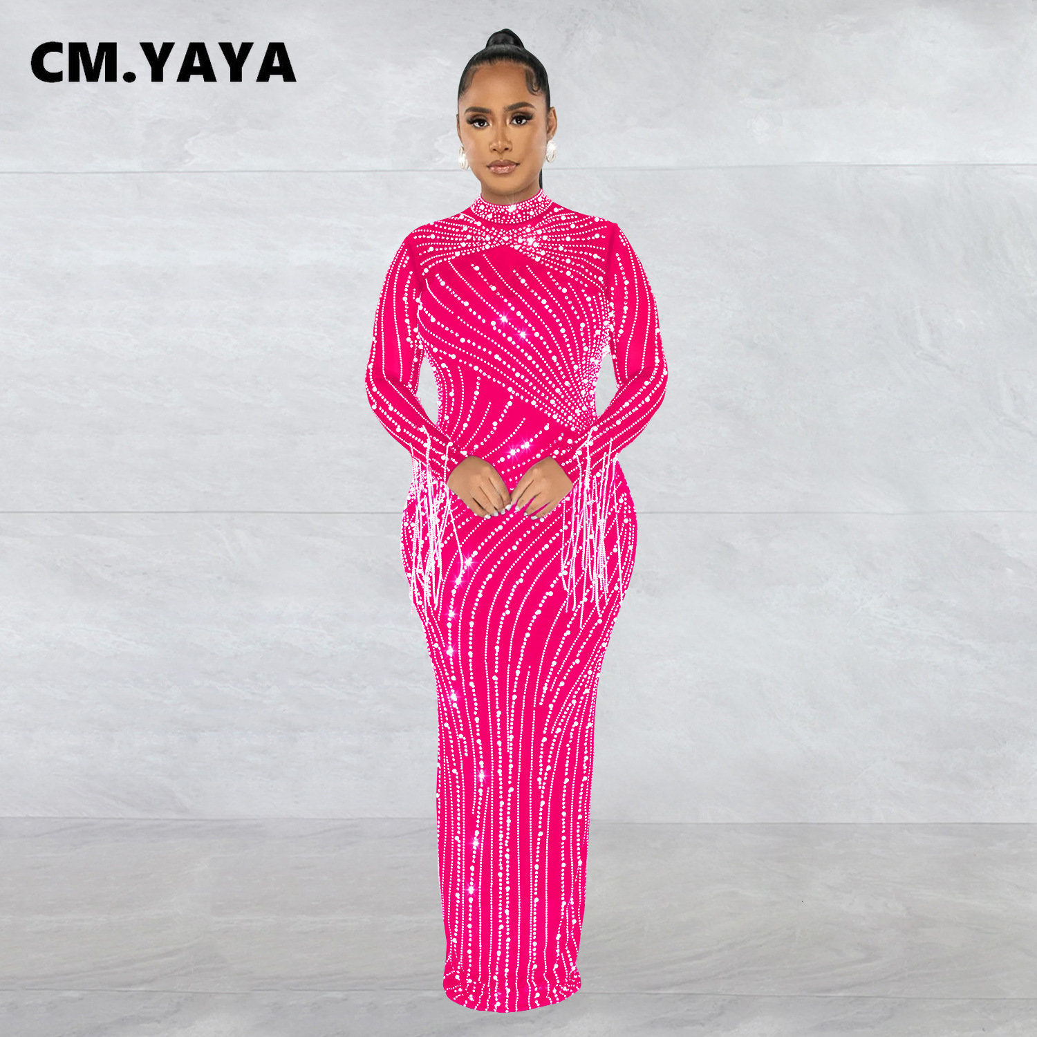 Casual Dresses CM.YAYA Women Mesh Tassel Long Sleeve Diamonds Rhinestones Bodycon Midi Maxi Long Dress and Tank Inner Dresses 2piece Suit 230331