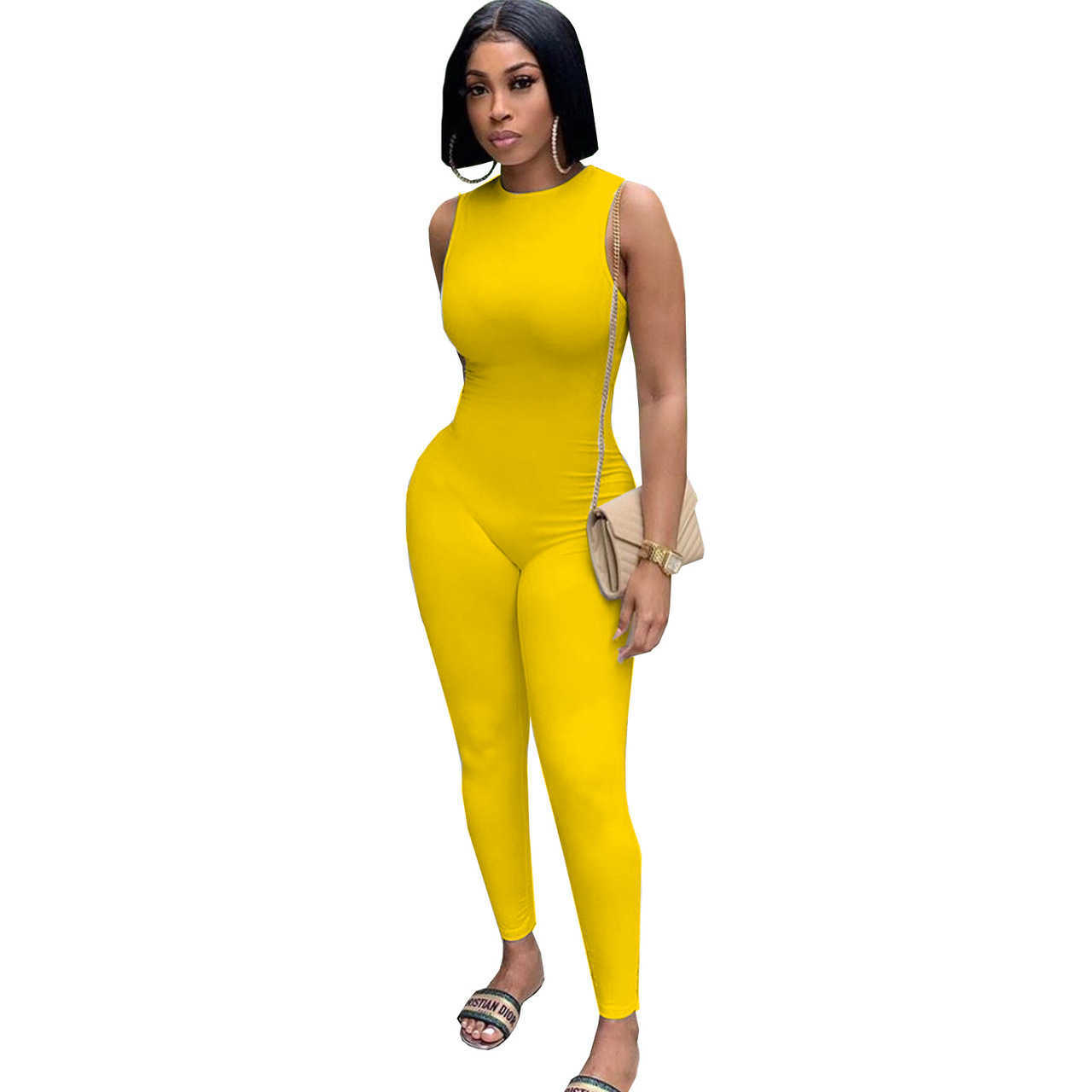 Women's Summer jumpsuits amp rompers New Fashion Solid Elastic Milk Silk Sleeveless Round Neck Sports Yoga Bodysuit