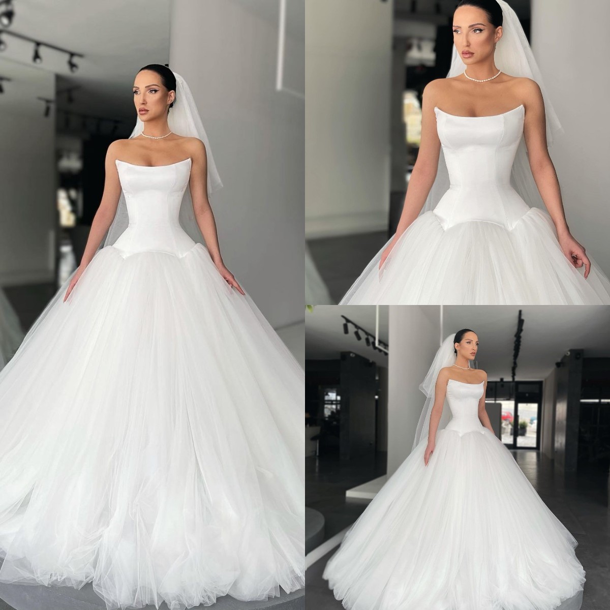 Strapless A e Dresses for bride Tulle Satin Wedding Dress vestidos de novia Backless Modern designer bridal gowns