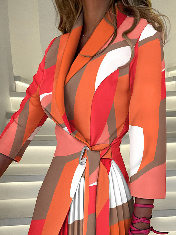 Casual Dresses Fashion Long Sleeve Pleated Lace Up Suit Dress Women Autumn Office Print Elegant Ladies Dresses For Women Robe Femme 230331