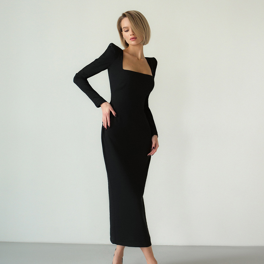 fashion bodycon dress stretch square neck long sleeve party dresses women spring slender split midcalf sexy 2023 elegant clothes