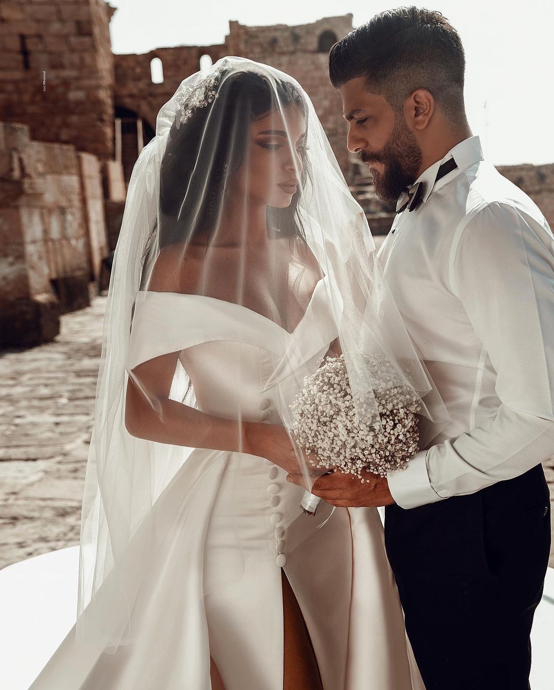 Off-Shoulder Satin Wedding Dress With Buttons And Thigh-High Slit Overskirt