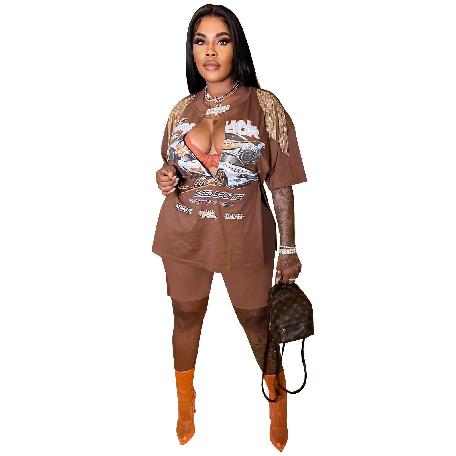women's summer new print hip hop Street split tassel short sleeve T-shirt Shorts Set