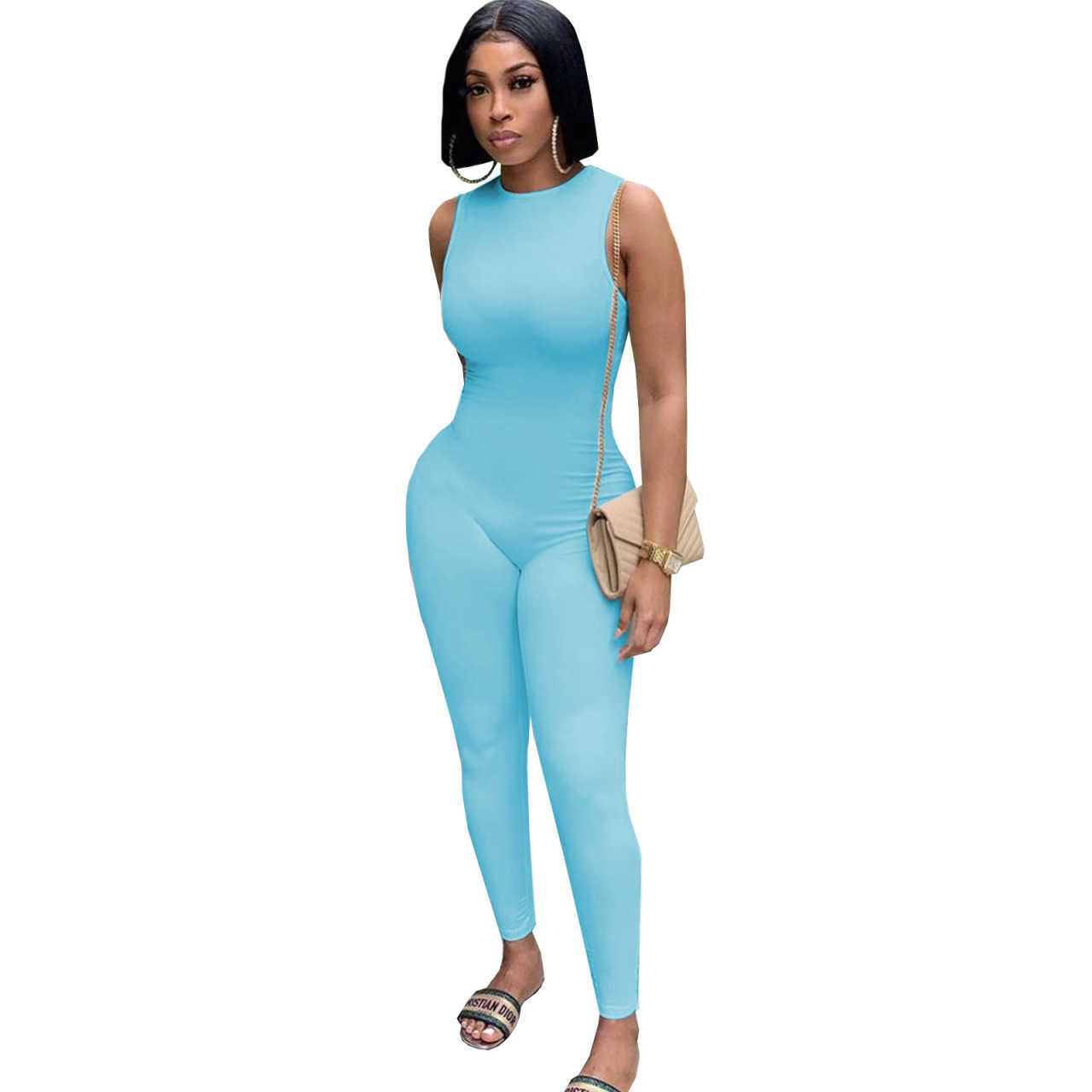 Women's Summer jumpsuits amp rompers New Fashion Solid Elastic Milk Silk Sleeveless Round Neck Sports Yoga Bodysuit