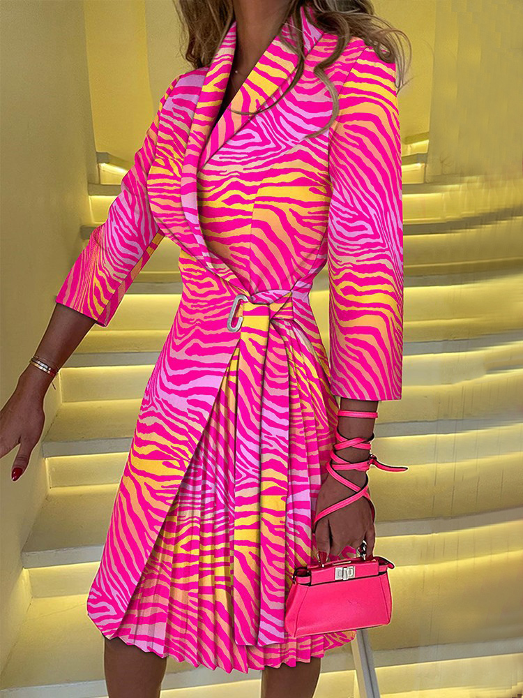 Casual Dresses Fashion Long Sleeve Pleated Lace Up Suit Dress Women Autumn Office Print Elegant Ladies Dresses For Women Robe Femme 230331