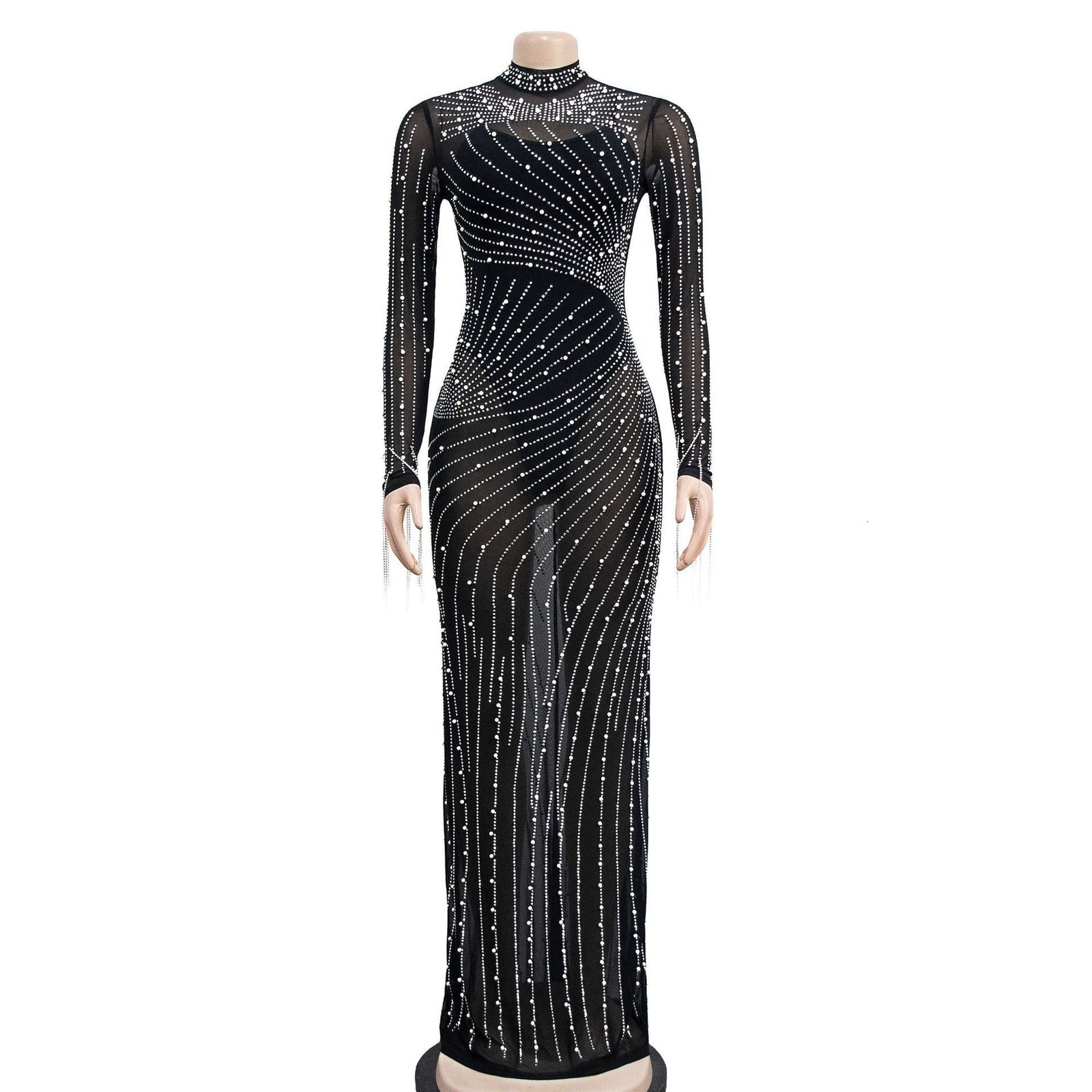 Casual Dresses CM.YAYA Women Mesh Tassel Long Sleeve Diamonds Rhinestones Bodycon Midi Maxi Long Dress and Tank Inner Dresses 2piece Suit 230331