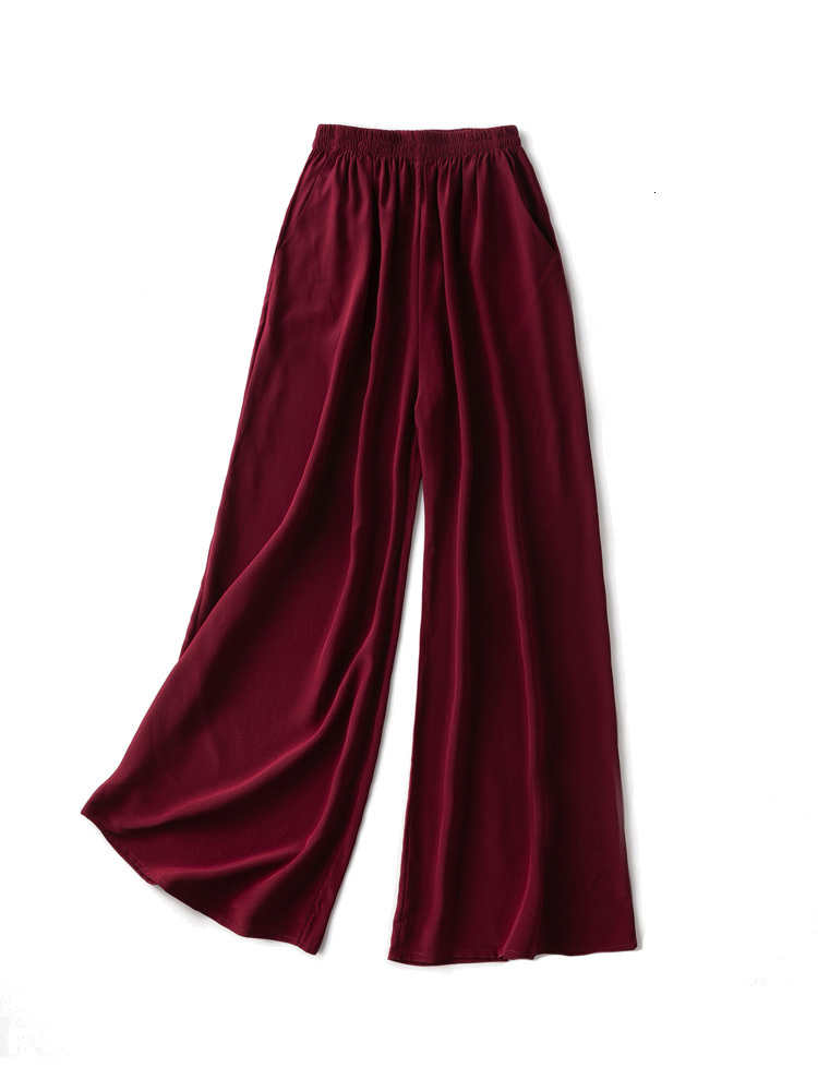 Women's Pants Capris SuyaDream Women's Wide Leg Pants 100% Silk Solid Elastic Waist Ankle Length Office Spring Autumn Fashion Trousers Black