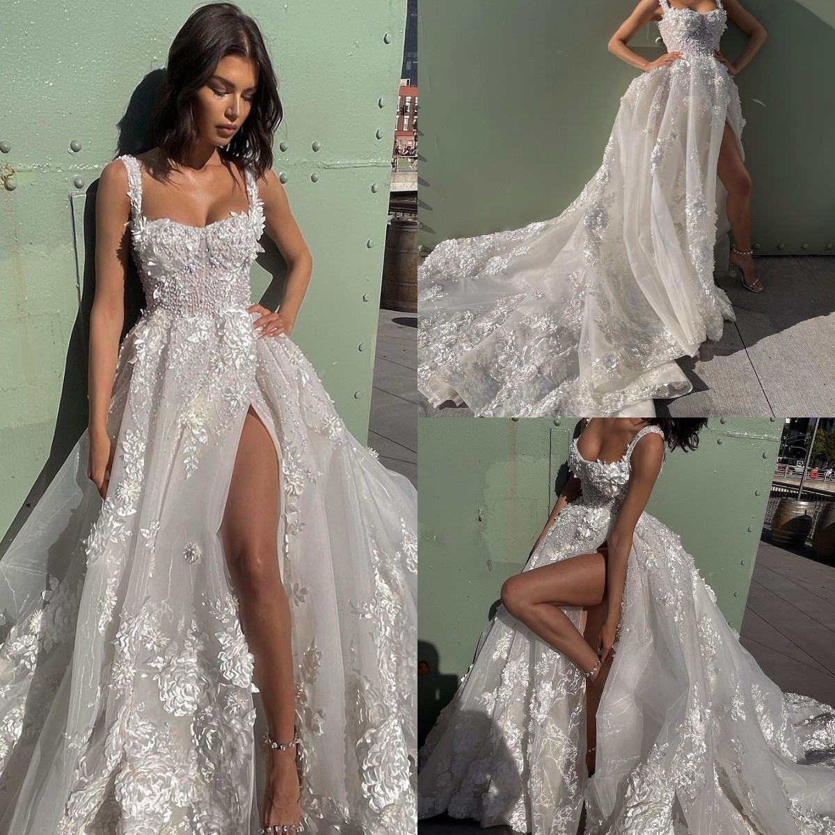 Elegant A-line Boho Wedding Dress with 3D Floral Appliques, Pearl Bodice, Thigh Slit, and Backless Design