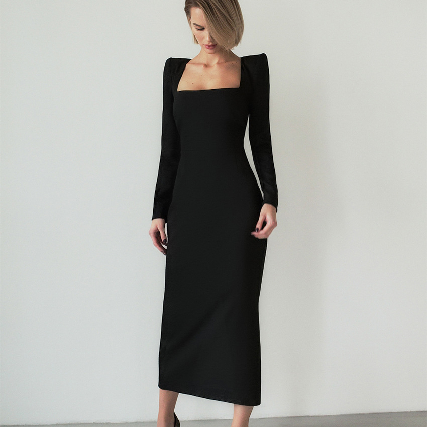 fashion bodycon dress stretch square neck long sleeve party dresses women spring slender split midcalf sexy 2023 elegant clothes