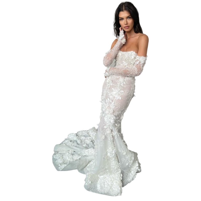 Sleeves Long Mermaid Dresses For Bride D Ral Appliques Lace Wedding Dress Button Back Bridal Gowns