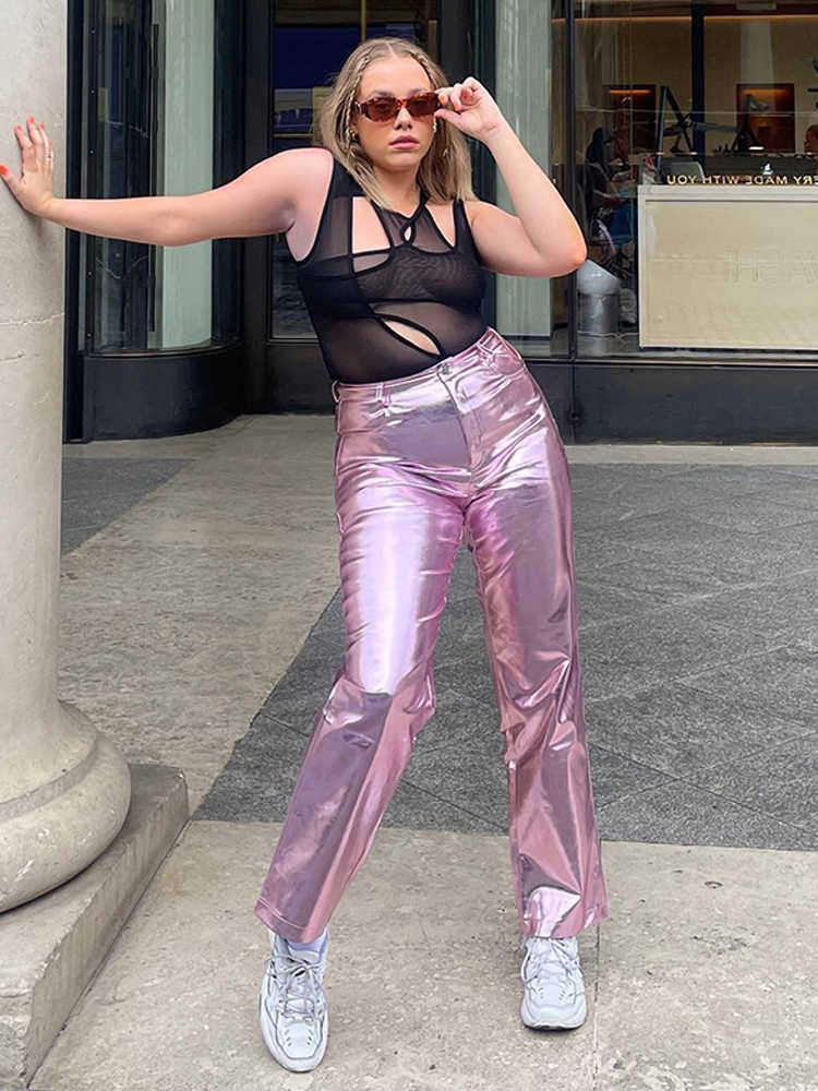 Women Fashion Metallic Straight-Leg Pants Sparkling Elastic Waist Trousers Streetwear Clubwear Costumes 2023 Spring Fall