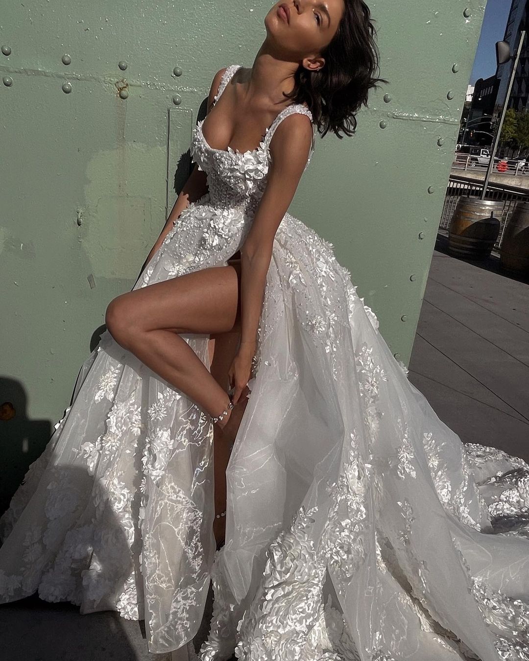 Elegant A-line Boho Wedding Dress with 3D Floral Appliques, Pearl Bodice, Thigh Slit, and Backless Design