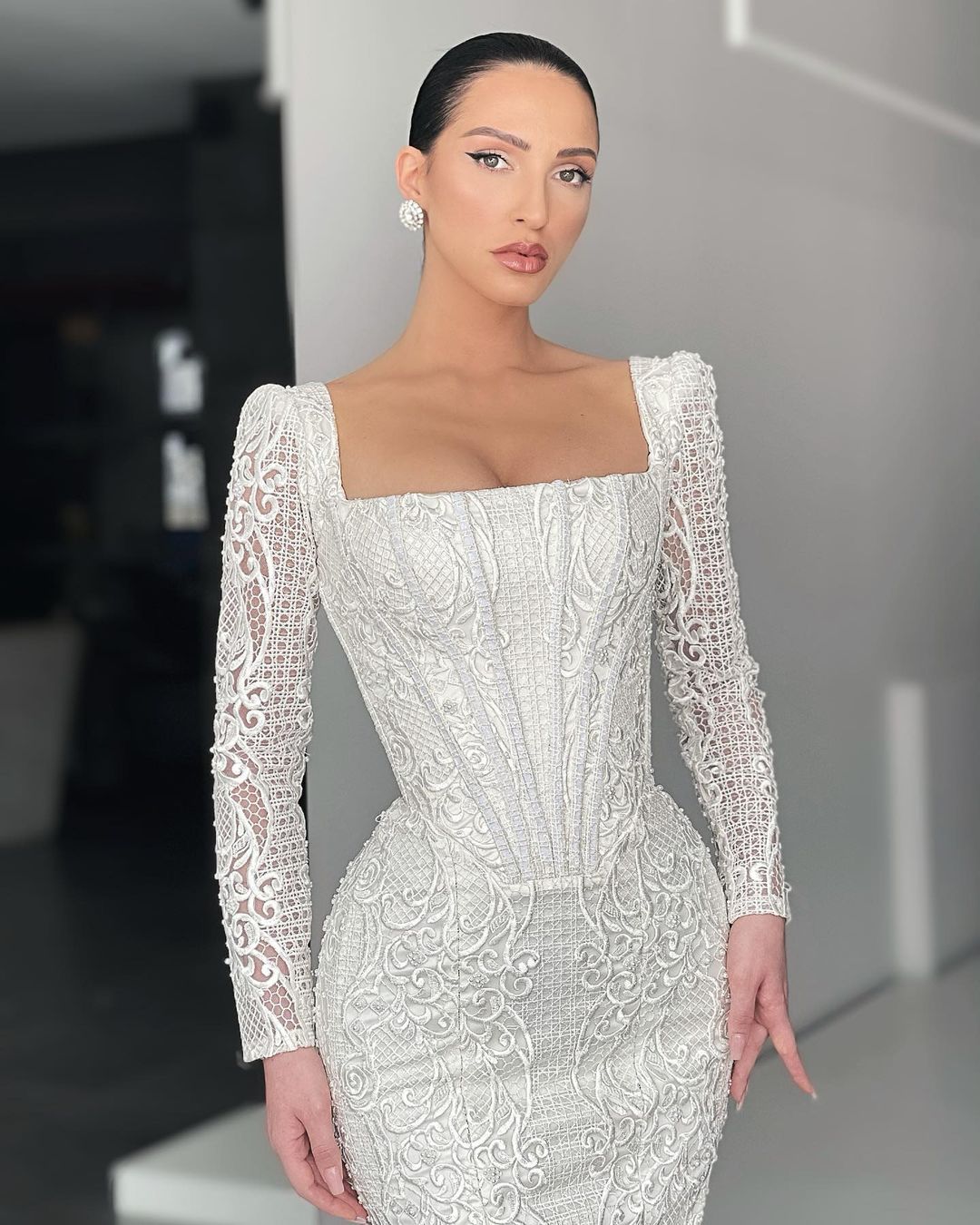 Elegant Lace Mermaid Bridal Gown With Long Sleeves, Square Neckline And Floor-Length Design