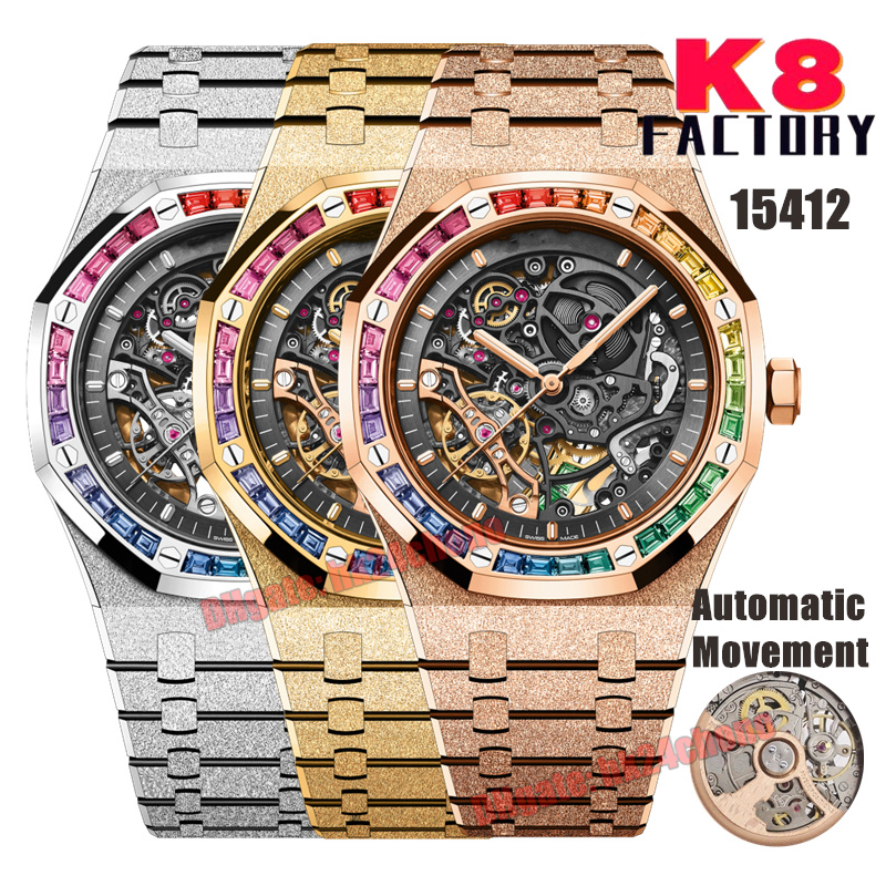 K8 Factory Watches 15412 Frosted Rose Gold 41mm Automatic Mens Watch Rainbow Bezel Skeleton Dial Frosted Stainless Steel Bracelet Gents Wristwatches, No watch;only original box
K8 Factory Watches 15412 Frosted Rose Gold 41mm Automatic Mens Watch Rainbow Bezel Skeleton Dial Frosted Stainless Steel Bracelet Gents Wristwatches, No watch;only original box