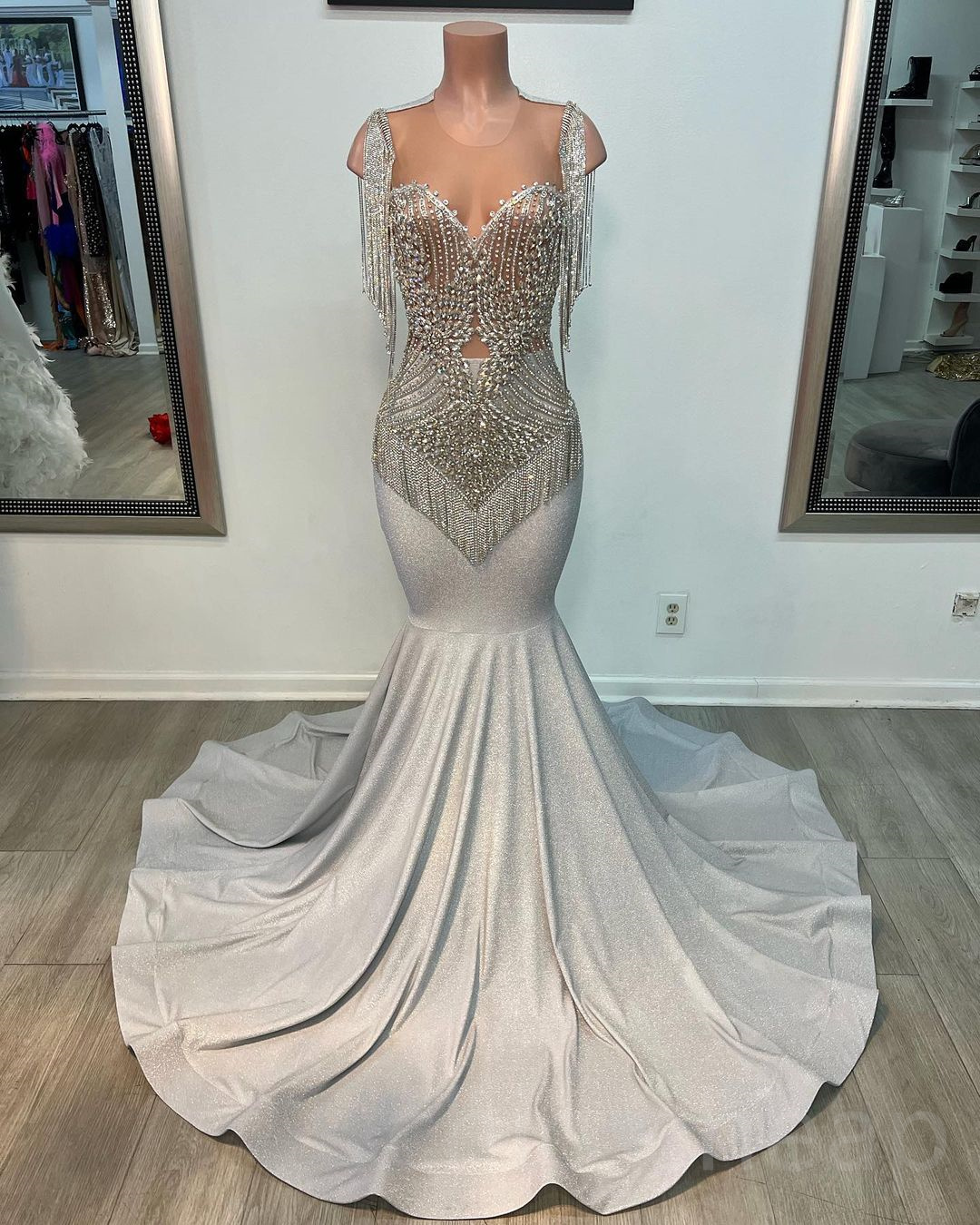 Arabic 2023 Aso Ebi Sier Mermaid Prom Dress Beaded Crystals Evening Formal Party Second Reception Birthday Engagement Gowns Dresses Robe De Soiree Zj2