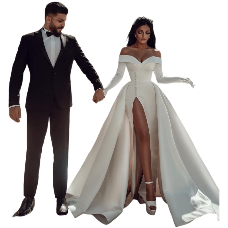 Off-Shoulder Satin Wedding Dress With Buttons And Thigh-High Slit Overskirt