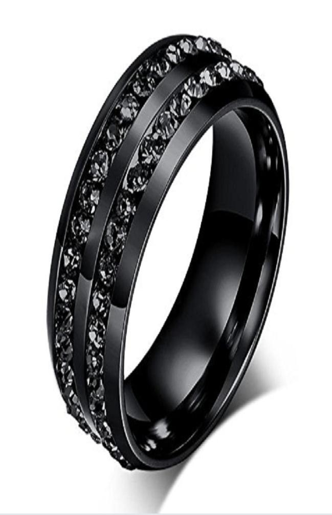 New Fashion Men039s Ring Black Crystal Ring Titanium Steel FullDrill Double Row Circle Diamond Wedding Ring