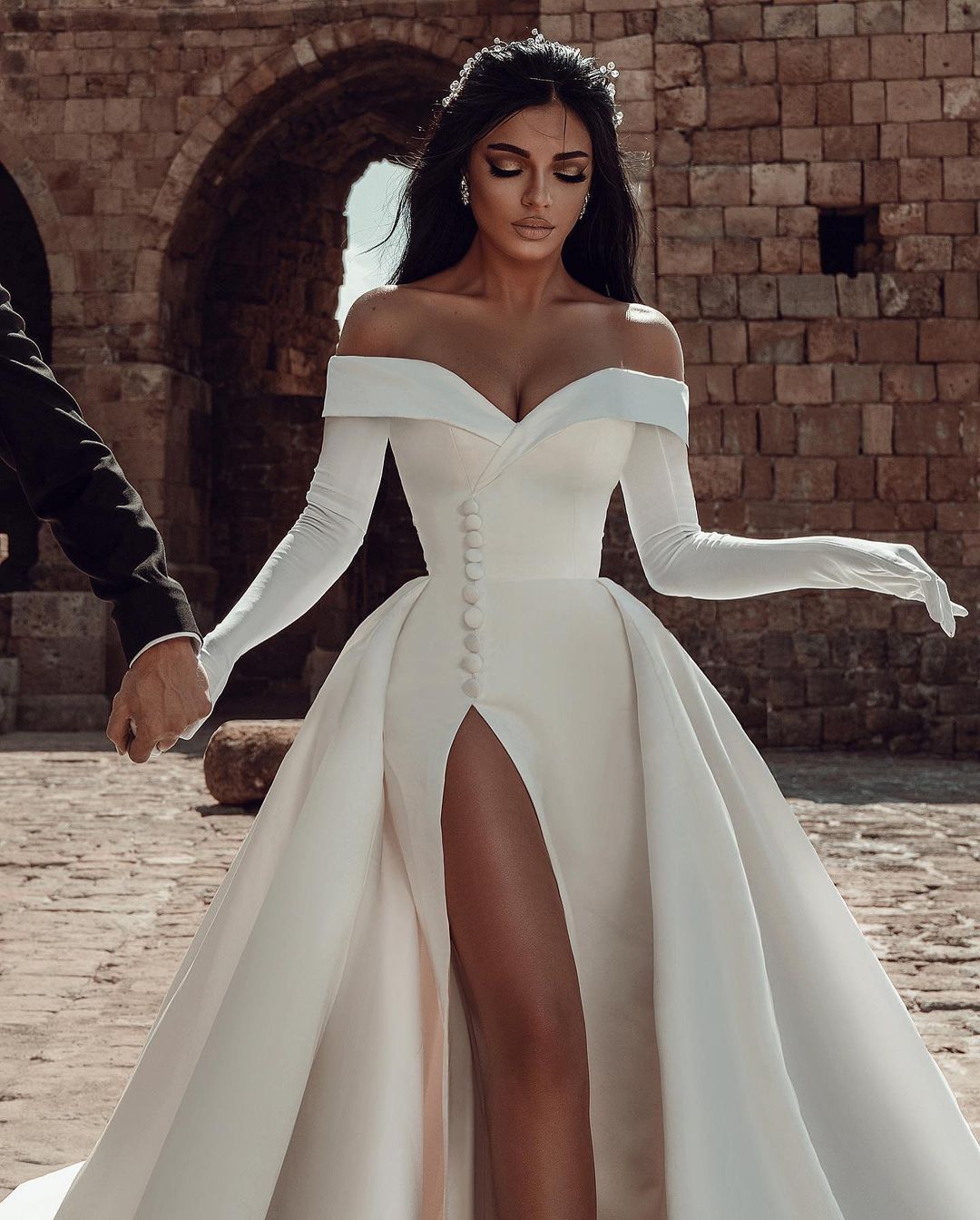 Off-Shoulder Satin Wedding Dress With Buttons And Thigh-High Slit Overskirt