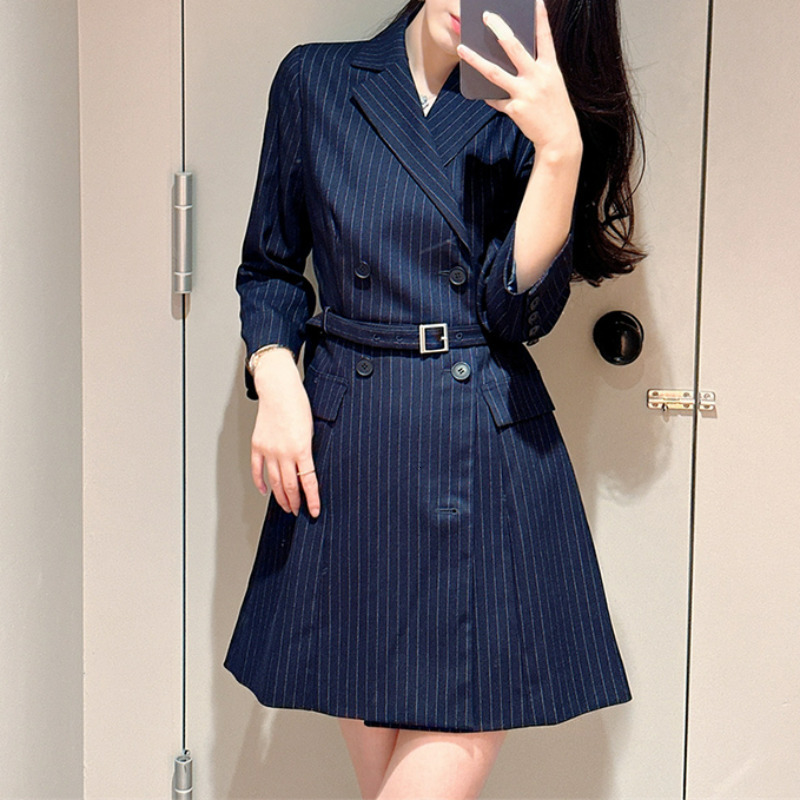 Casual Dresses Kuzuwata Japanese Stripe Robe Femme Autumn Winter Women Suit Style Vestidos Double Breasted Slim Waist Belt Dress 230331