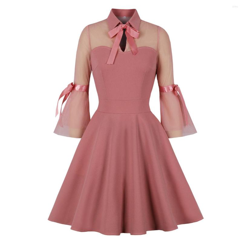 Casual Dresses 2023 Summer Womens A-line Retro Bow Dress Black Pink Mesh Splice Flare Sleeve Elegant Party 1800