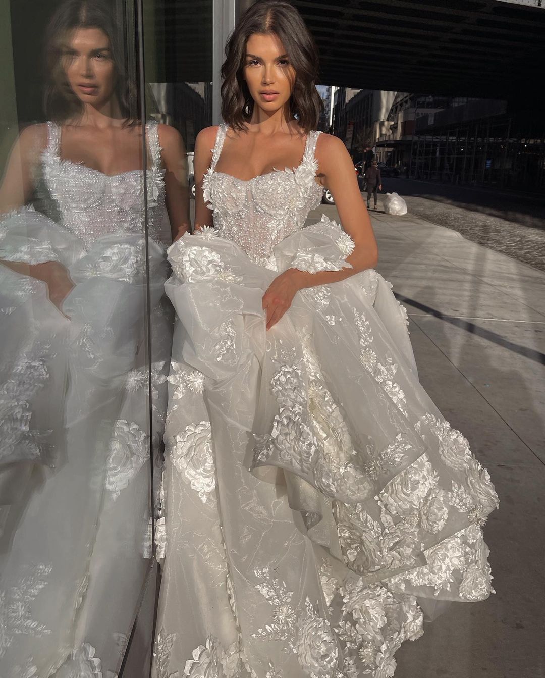 Elegant A-line Boho Wedding Dress with 3D Floral Appliques, Pearl Bodice, Thigh Slit, and Backless Design