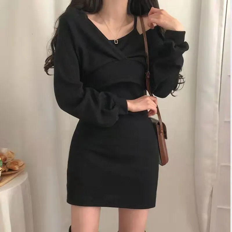 Casual Dresses French Elegant Suit Suspender Dress Long sleeve Solid color Party Sexy Bodycon Women's dress Autumn Winter Female dress Y2K 230331