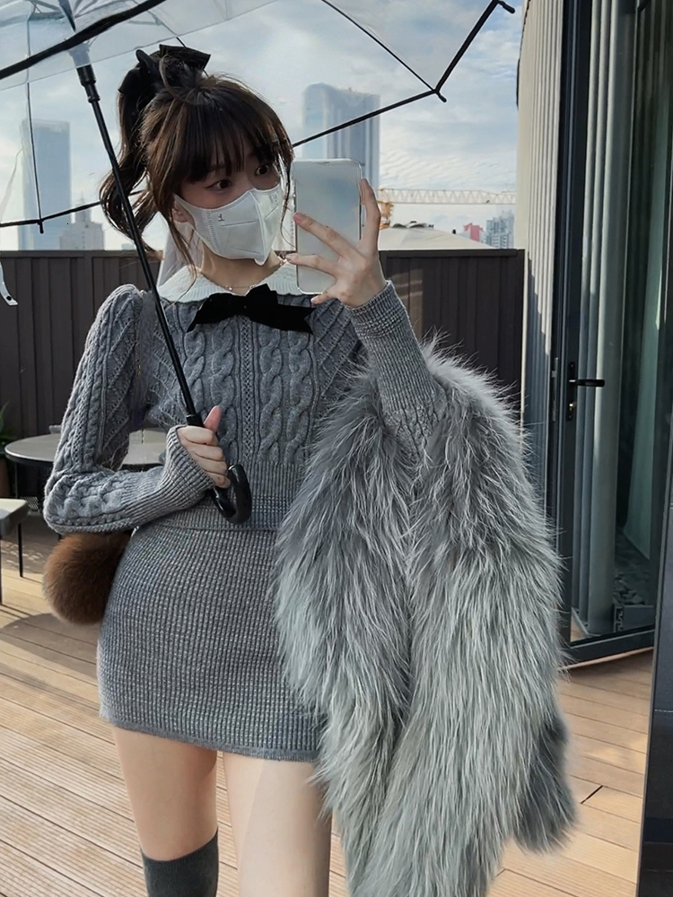 Casual Dresses Autumn Korean Suit Sexy Bodycon Mini Skirt Long Sleeve Solid Short Sweater Woman Knitted 2 Piece Dress Set Retro Casual 230331