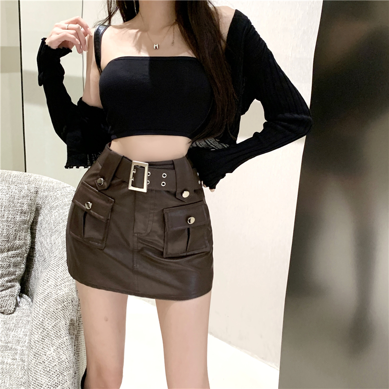 Womens with belt high waist sexy hot girls bodycon tunic PU leather short skirts SML