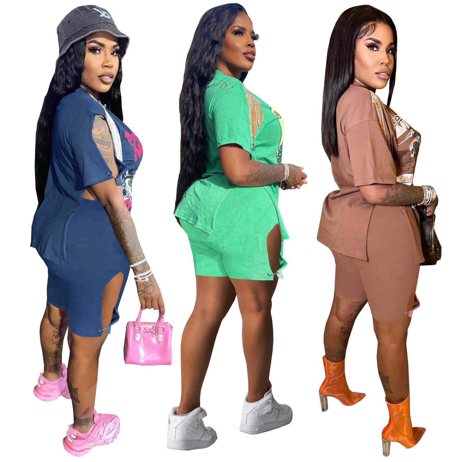 women's summer new print hip hop Street split tassel short sleeve T-shirt Shorts Set