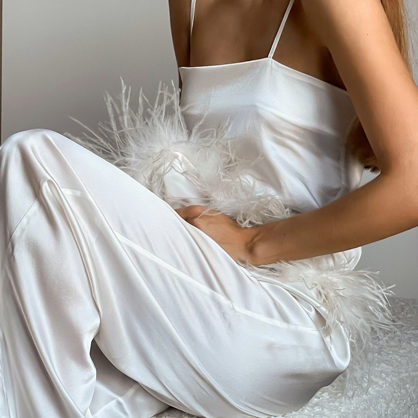 Women's Sleepwear Hiloc Chic Satin Pajamas With Feathers Women Sets Pants Black Spaghetti Strap Home Suit White Trouser Suits 230330