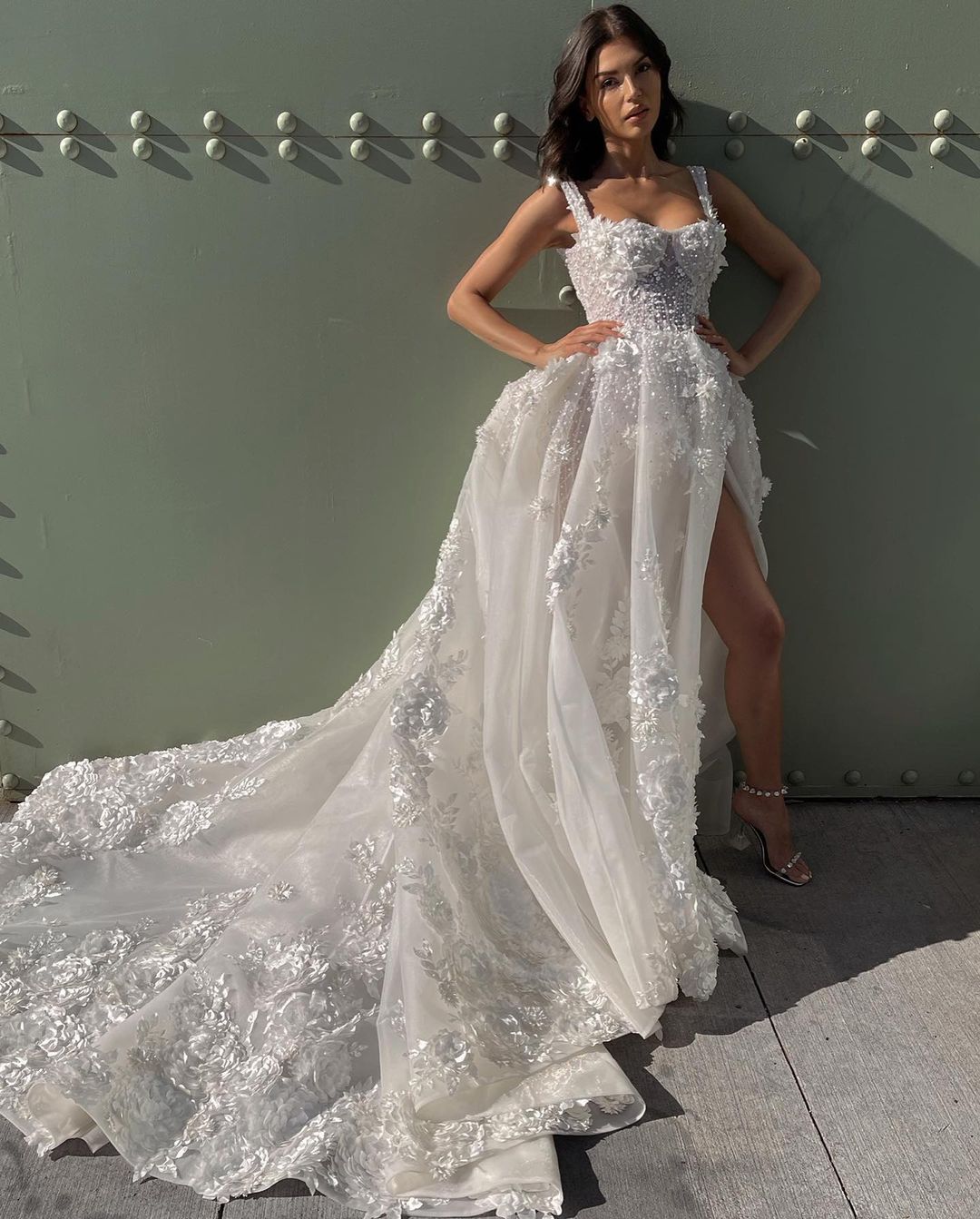 Elegant A-line Boho Wedding Dress with 3D Floral Appliques, Pearl Bodice, Thigh Slit, and Backless Design