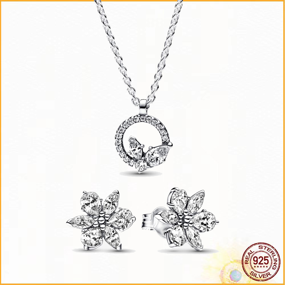 Shiny Herbarium Round Necklace Earring Set 925 Sterling Silver Fit Women Anniversary Birthday Gift