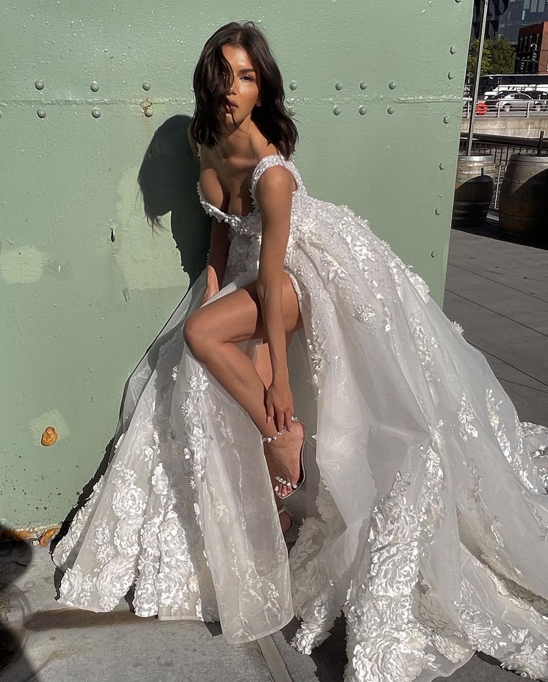 Elegant A-line Boho Wedding Dress with 3D Floral Appliques, Pearl Bodice, Thigh Slit, and Backless Design