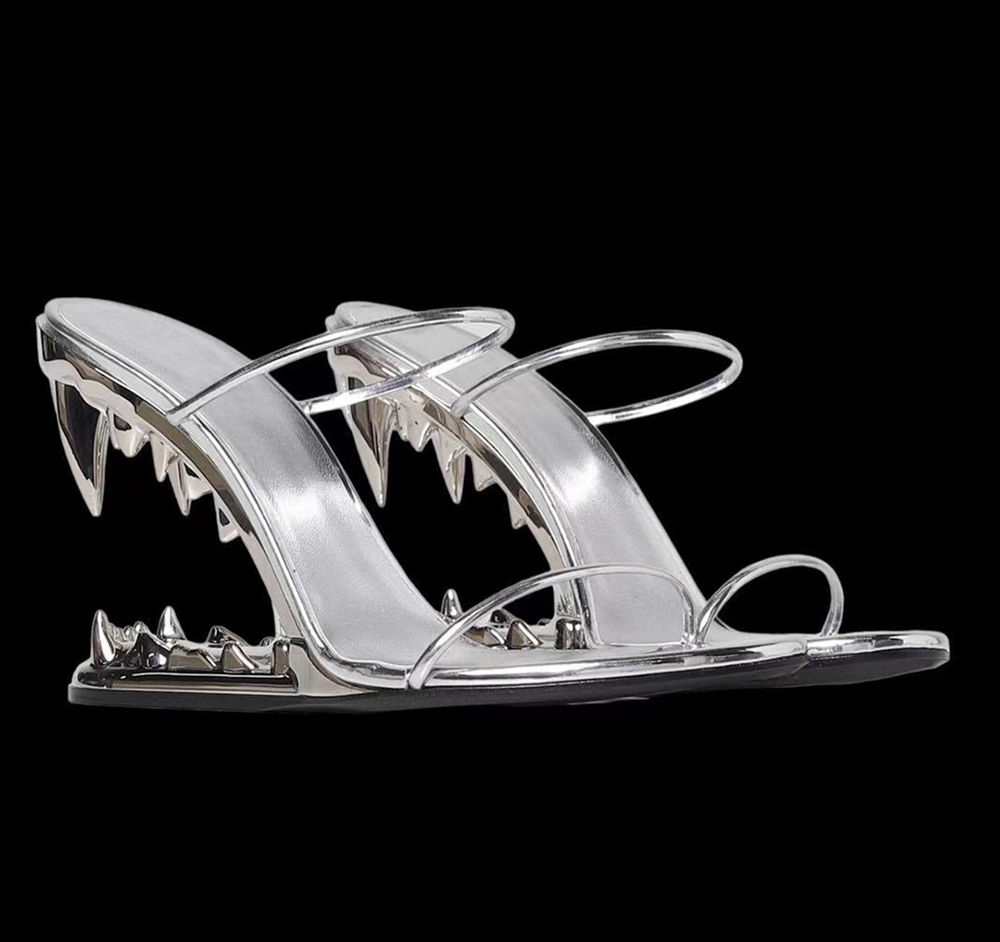Silver tooth shape Sculpted slippers high-heeled Metallic sandal open toes slides Narrowband Fashion Wedge slipper for street style women luxury designer shoes, Black 3#
Silver tooth shape Sculpted slippers high-heeled Metallic sandal open toes slides Narrowband Fashion Wedge slipper for street style women luxury designer shoes, Black 3#