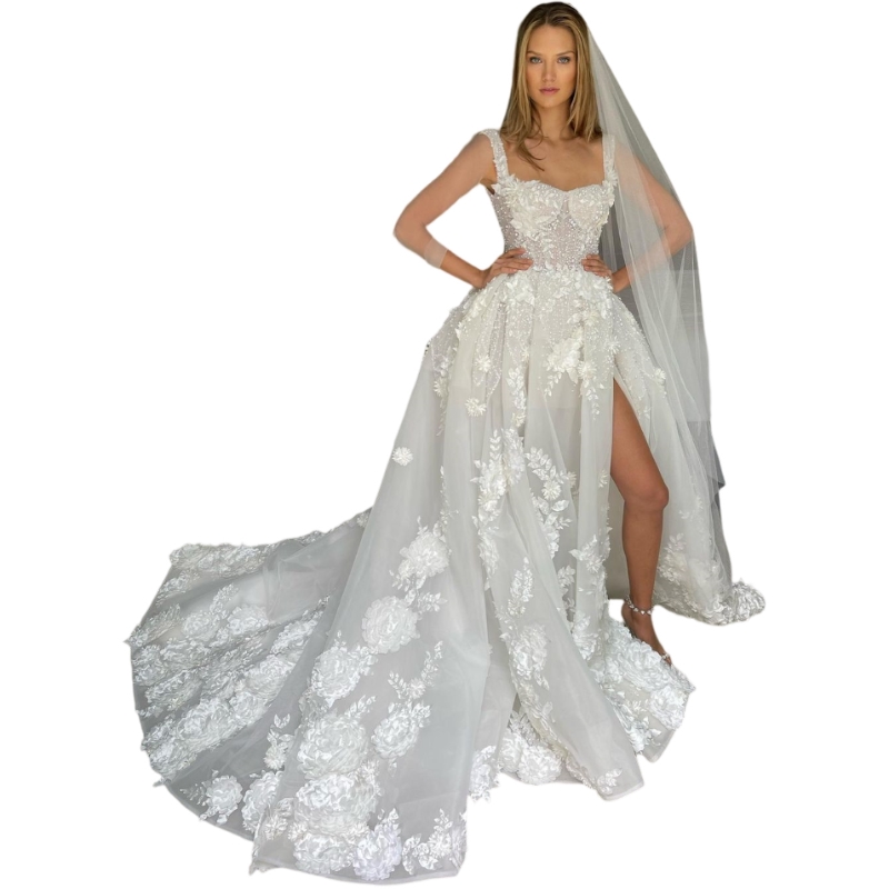 Boho A-Line Dresses For Bride 3D-Floral Appliques Bone Bodice Pearls Wedding Dress Vestidos Novia Robe De Mariee Backless Designer Bridal Gowns 0514