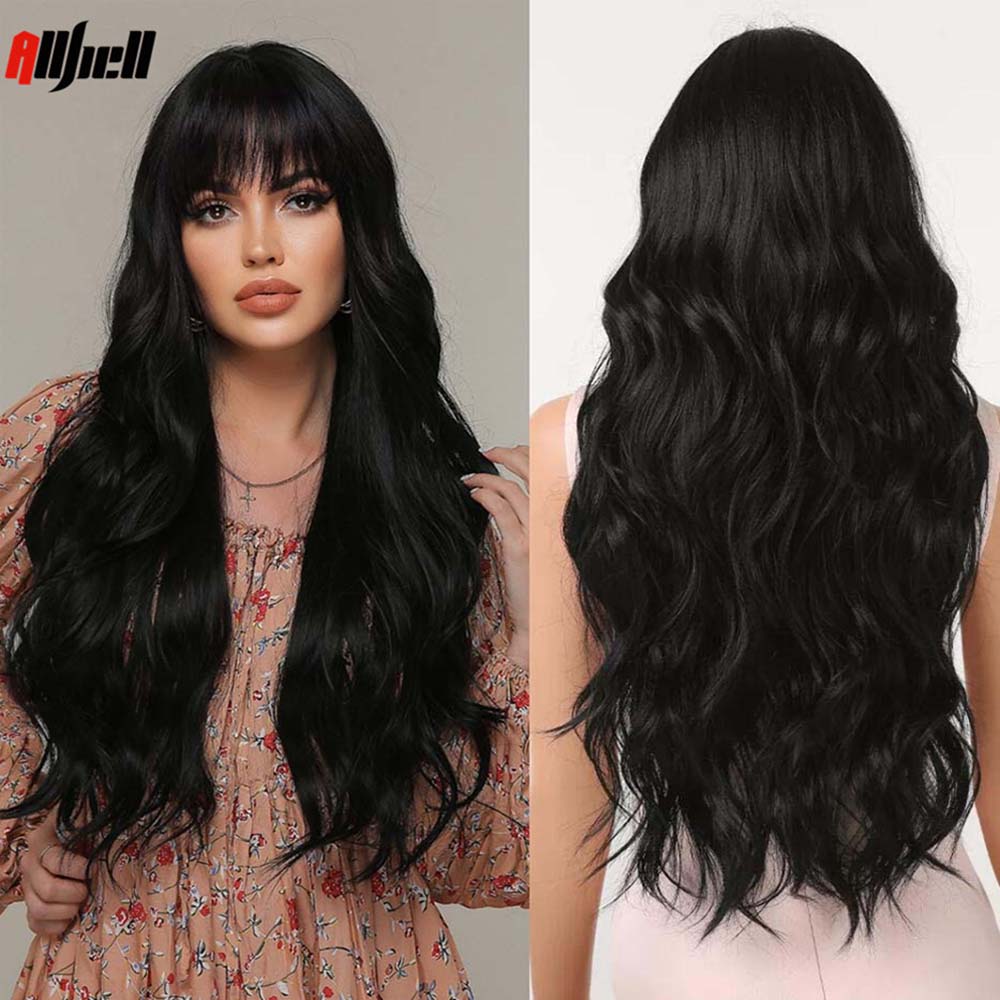 Long Wave Synthetic Wigs With Black Bangs Body Wavy Natural Black Hair Wig Heat Resistant for Women Daily Halloween Cosplay Use
