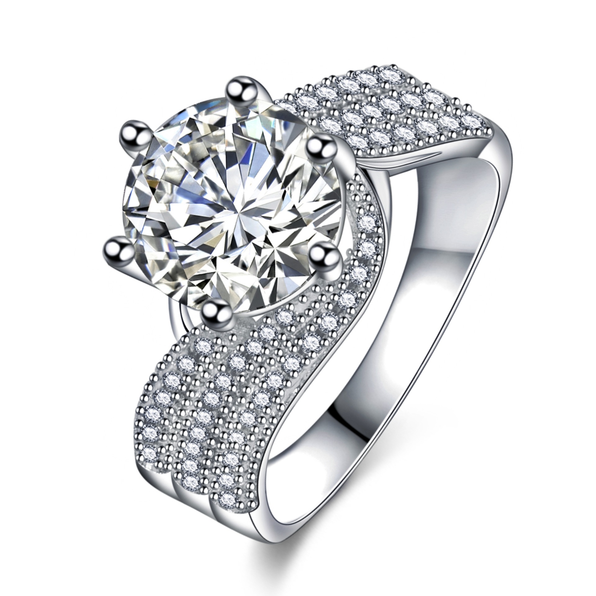 Ins Top Sell Wedding Rings Classical Six Claw Jewelry Sterling Sier Fill Large Round Cut 5A Cubic Zircon Party Handmade Women Engagement Band Ring Gif