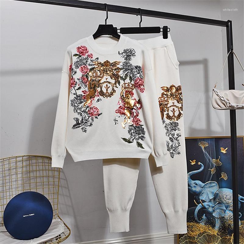 Women' Two Piece Pants White Black Knitted Tracksuit Women Outfits Manual Sequins Flowers Pullover Sweater Pencil Set Loose Knitting Suit
Women' Two Piece Pants White Black Knitted Tracksuit Women Outfits Manual Sequins Flowers Pullover Sweater Pencil Set Loose Knitting Suit