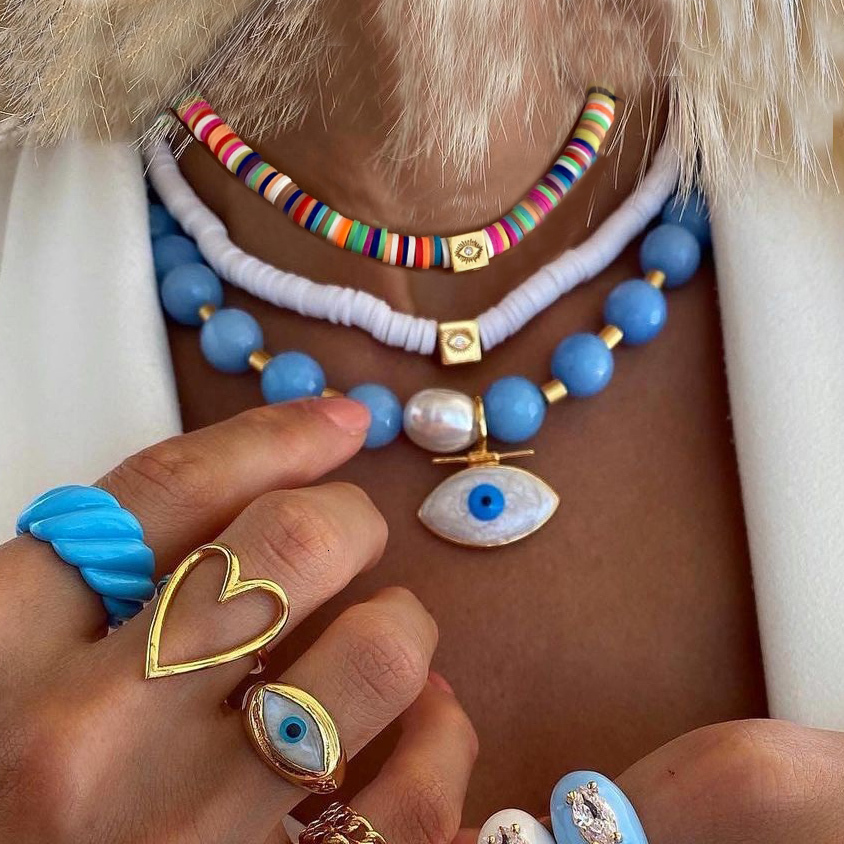 Chokers Vintage Turkish Crystal Heart Evil Eyes Cuban Chain Necklace For Women Men Multilayer Gold Color Metal Chain Choker Jewelry 230428