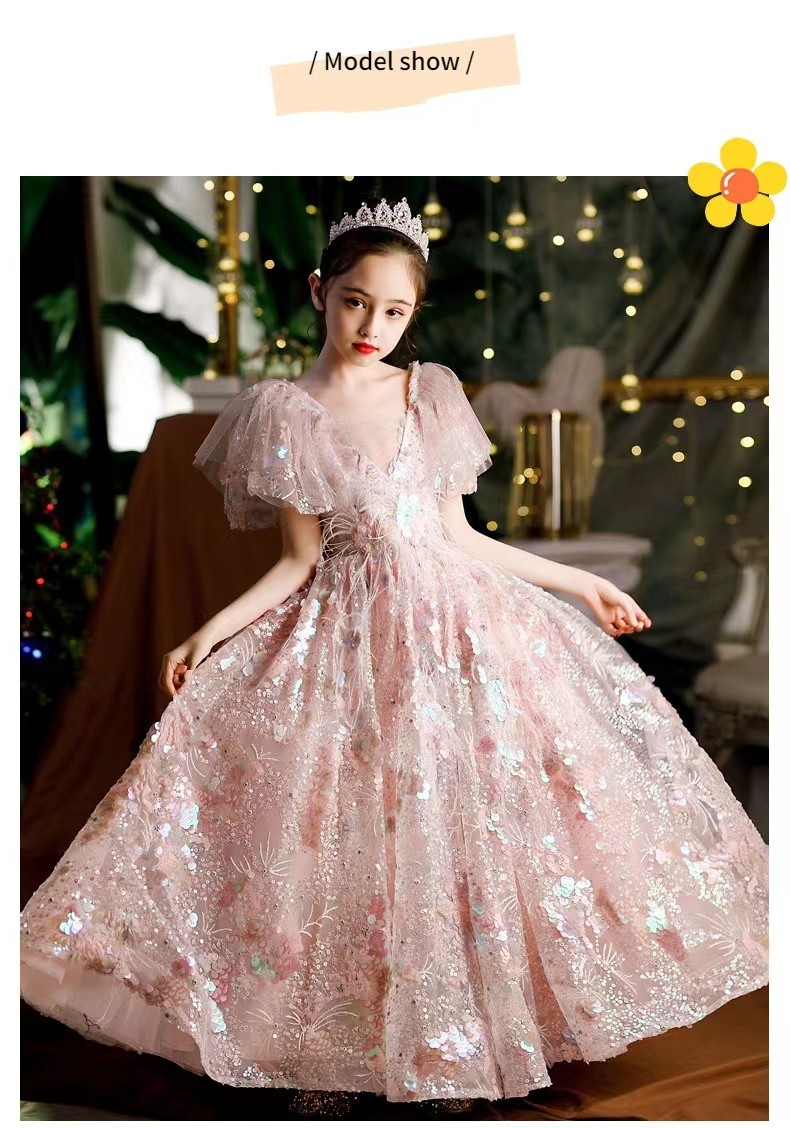 Lovey sequined Princess Flower Girl feather backless lace up Ball Gown First holy Communion Dresses For Girls Sleeveless Tulle Toddler Pageant party g