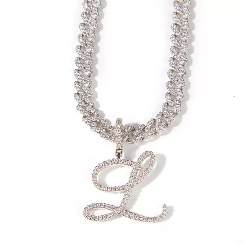 Chokers A-Z Cursive Letter Pendant Iced Out Cuban Necklace for Women Initial Zircon Link Chain Necklace Choker Rock Hip Hop Jewelry 230428