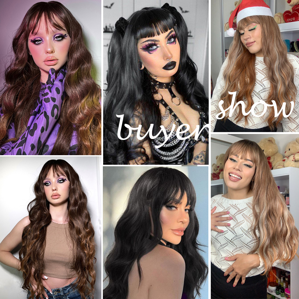 Long Wave Synthetic Wigs With Black Bangs Body Wavy Natural Black Hair Wig Heat Resistant for Women Daily Halloween Cosplay Use