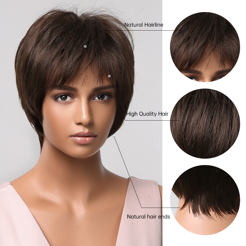 Brown Synthetic Wigs Hair Short Pixie Cut Womens Wigs with Bangs for Afro Women Natural Straight Daily Party Heat Resistantfact