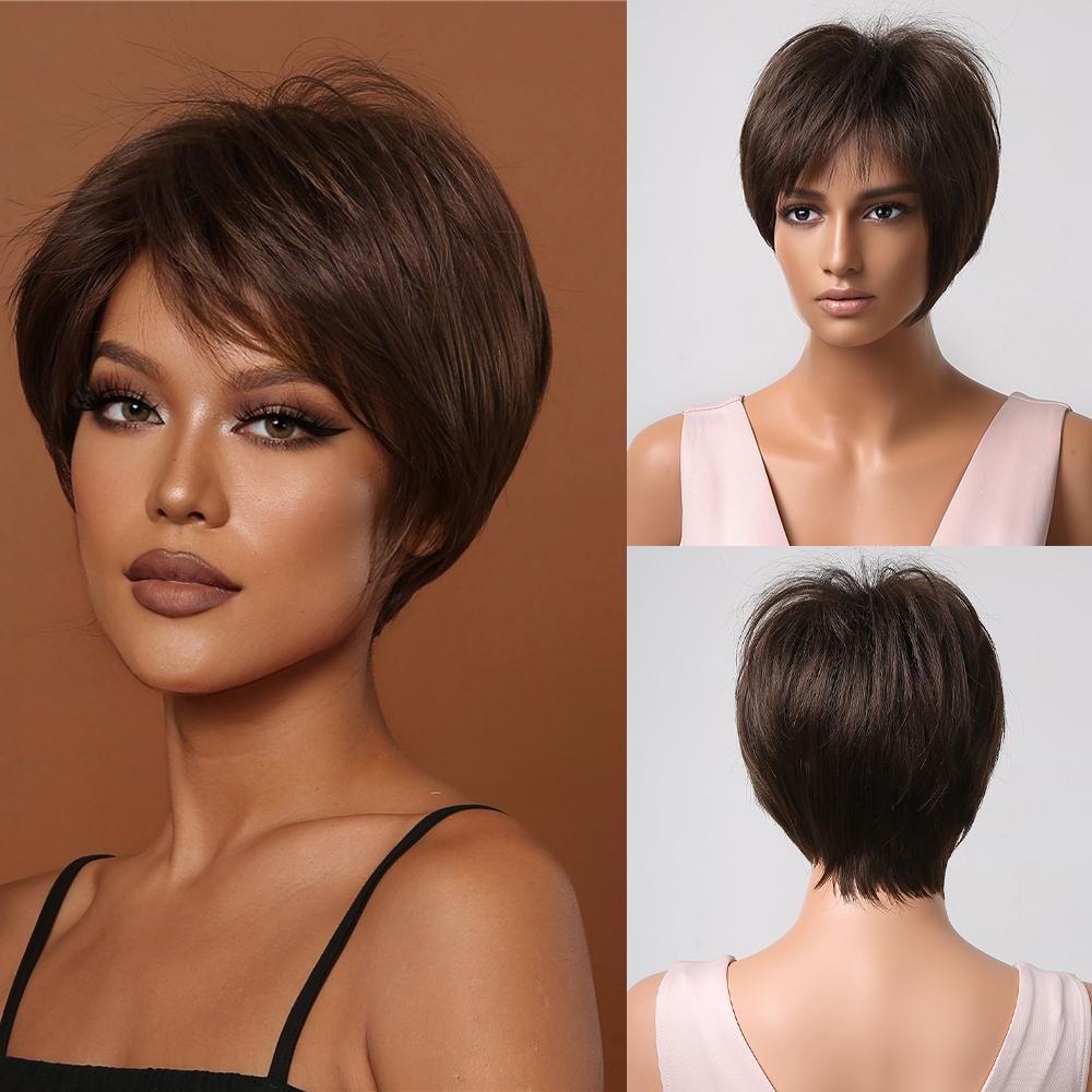 Brown Synthetic Wigs Hair Short Pixie Cut Womens Wigs with Bangs for Afro Women Natural Straight Daily Party Heat Resistantfact
