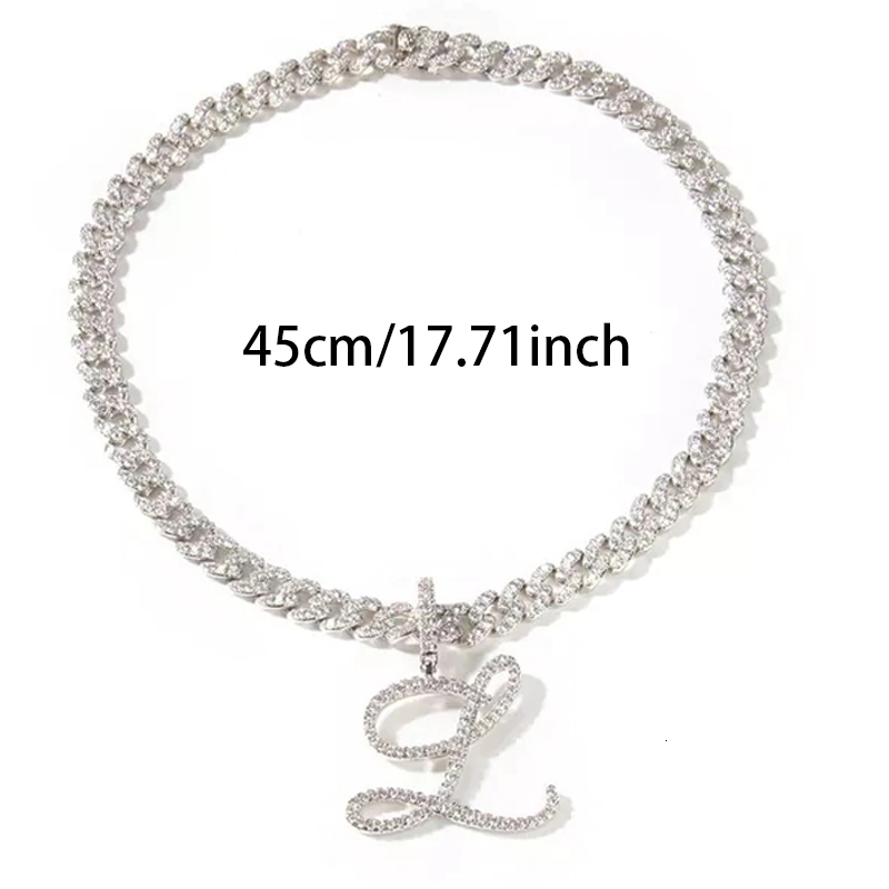 Chokers A-Z Cursive Letter Pendant Iced Out Cuban Necklace for Women Initial Zircon Link Chain Necklace Choker Rock Hip Hop Jewelry 230428